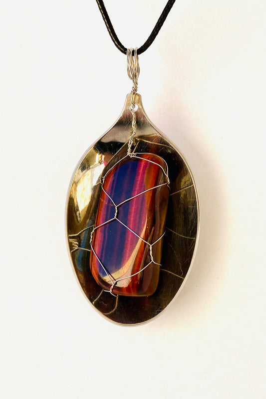 Kettenanhänger „Schutz“ Anhänger  Rotes Tigerauge  Edelstahl versilbert Besteckschmuck